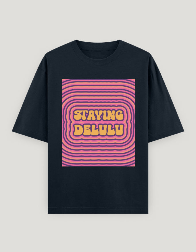 Navy blue t-shirt with pink and yellow graphic design on a light gray background