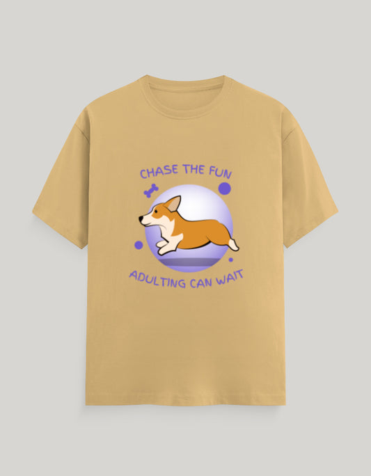 Beige t-shirt with a corgi graphic and text on a gray background
