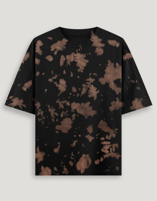 Black t-shirt with brown tie-dye pattern on a light gray background