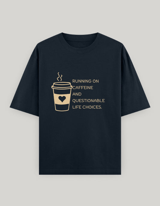 Navy blue t-shirt with a coffee cup graphic and text on a gray background