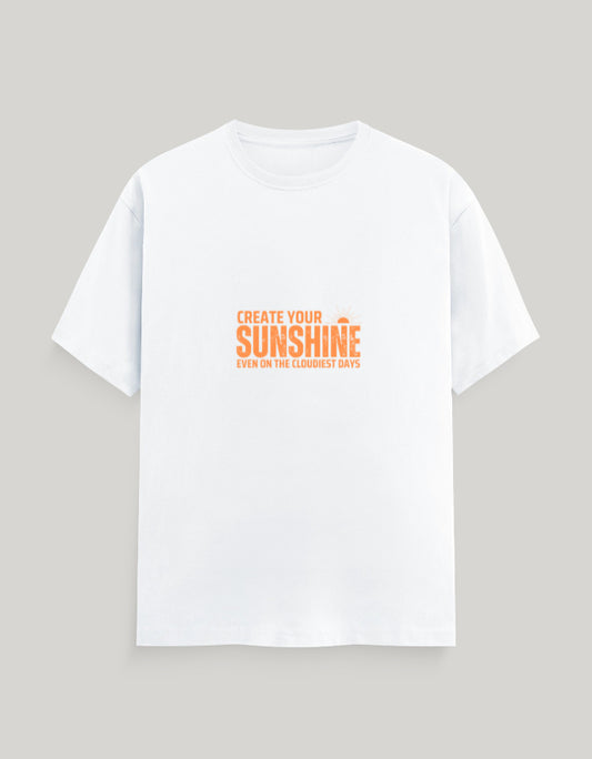 White t-shirt with orange text on a gray background