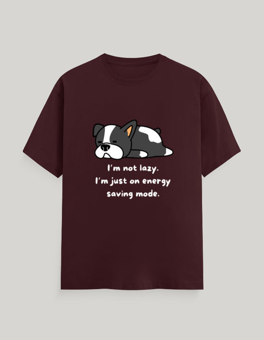 Maroon t-shirt with a cartoon dog and text on a light gray background