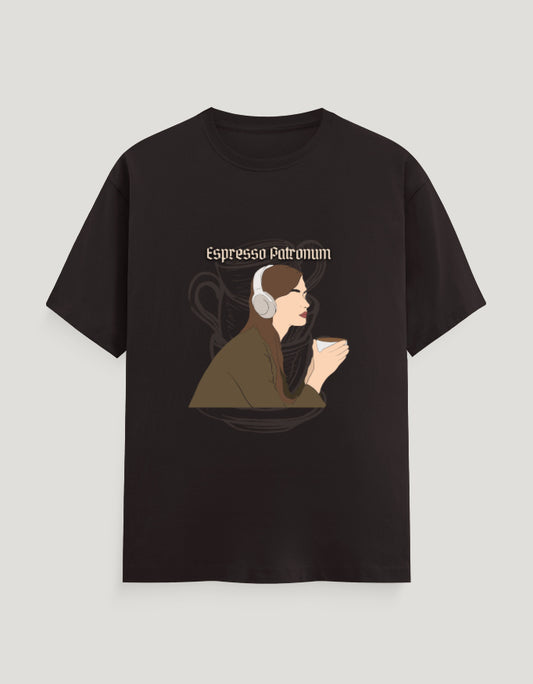 Brown t-shirt with a graphic of a woman holding a coffee cup and the text 'espresso patronum' on a light gray background.