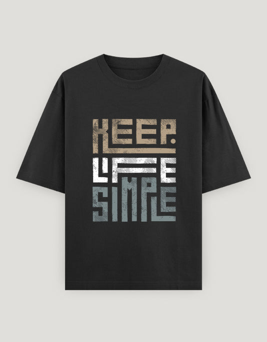 Black t-shirt with 'KEEP LIFE SIMPLE' text on a light gray background
