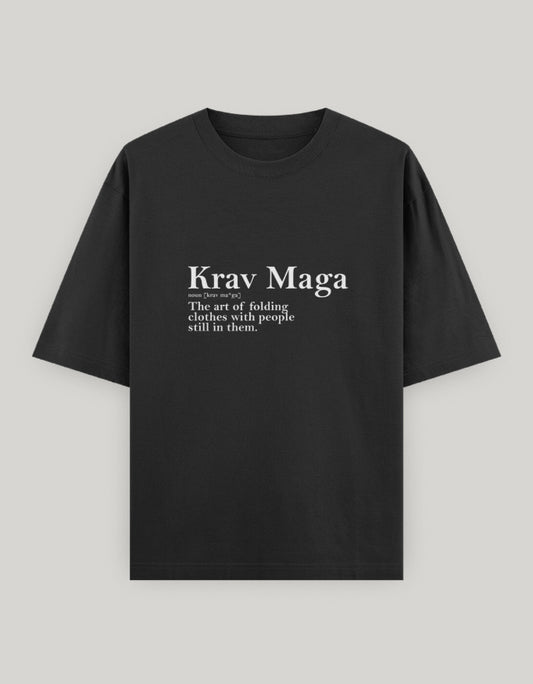 Black t-shirt with 'Krav Maga' text on a light gray background