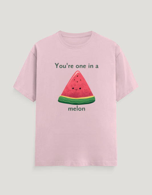 Pink t-shirt with watermelon graphic and text on a light gray background