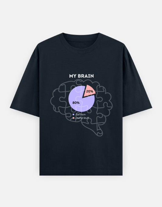 Navy blue t-shirt with a brain graphic and text on a white background