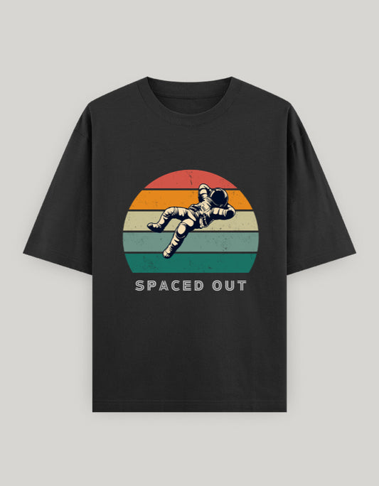 Black t-shirt with 'Spaced Out' graphic design featuring a astronaut and colorful circle on a gray background