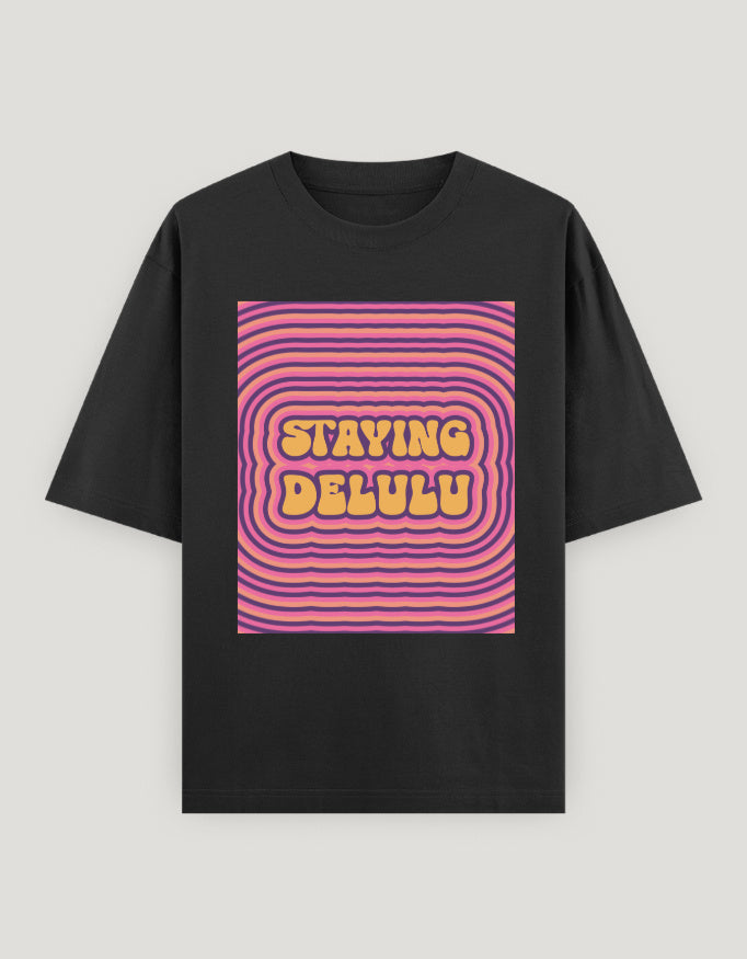 Black t-shirt with pink and yellow graphic design on a gray background